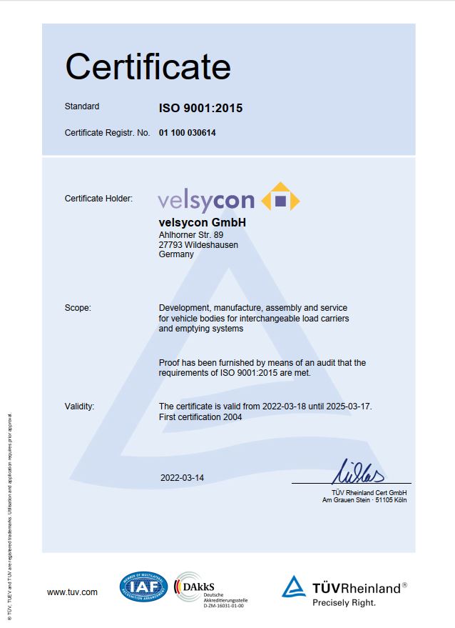 Certificate ISO 9001:2015 velsycon
