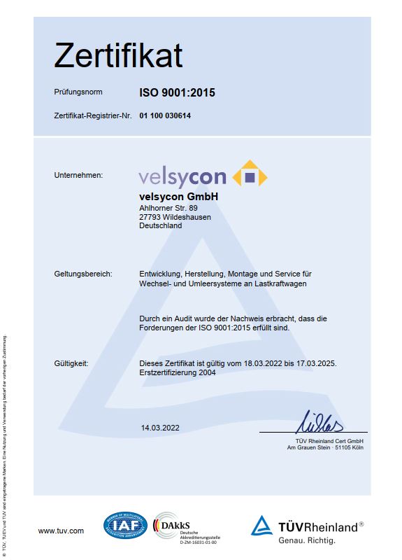 TÜV Zertifikat ISO9001 - velsyscon Wechselsysteme - Sonderfahrzeugbau