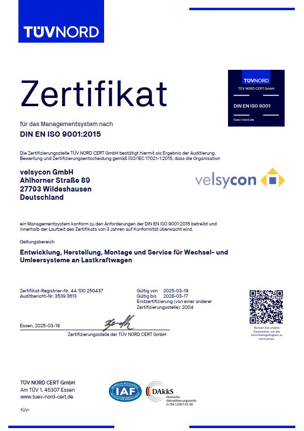 TÜV Zertifikat ISO9001 - velsyscon Wechselsysteme - Sonderfahrzeugbau