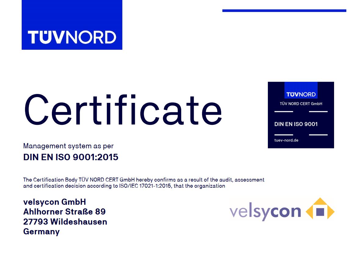 certificate for Iso 9001 - tuev - velsycon